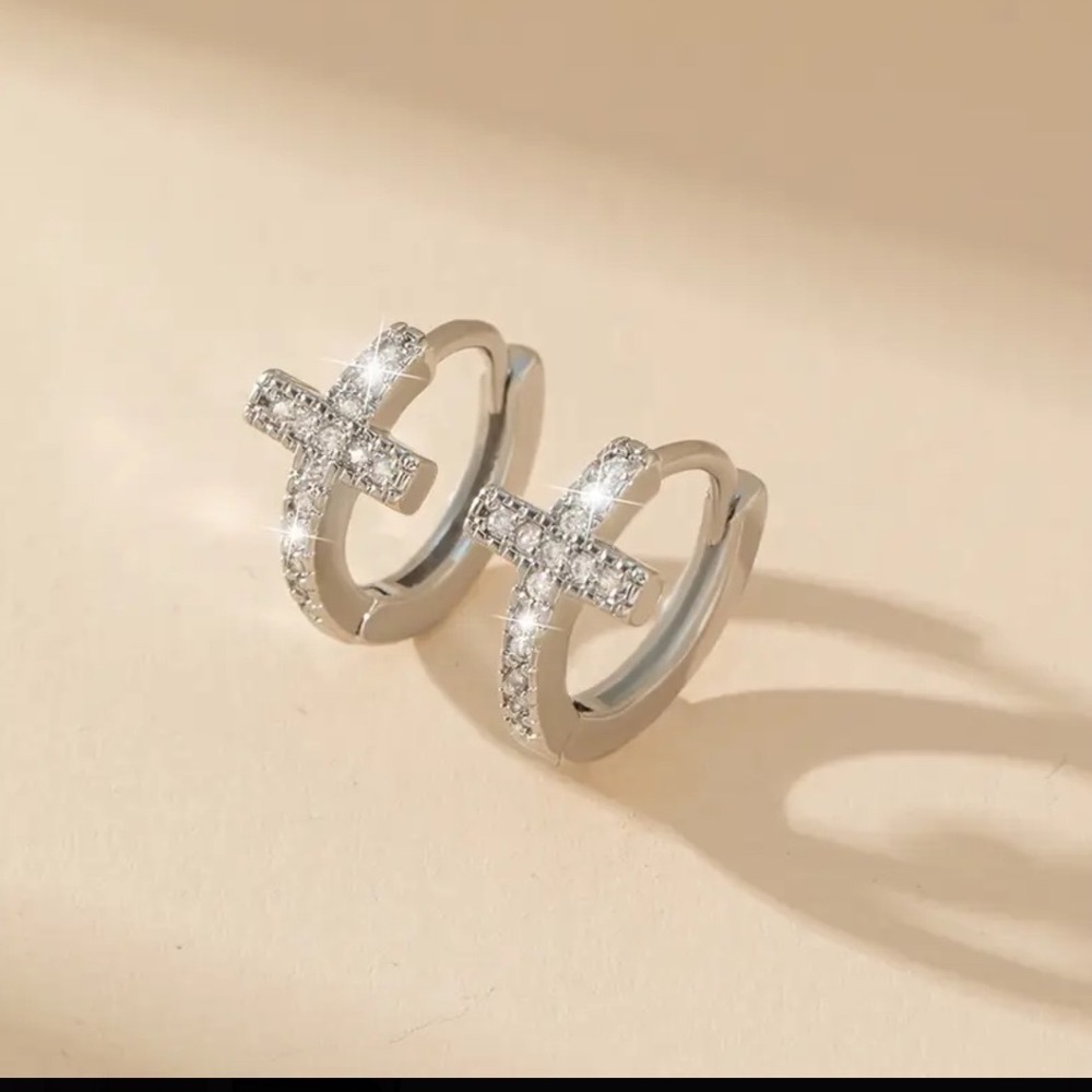 Silver Tone Cubic Zirconia Cross Huggie Mini Hoop Earrings Religious Jewelry